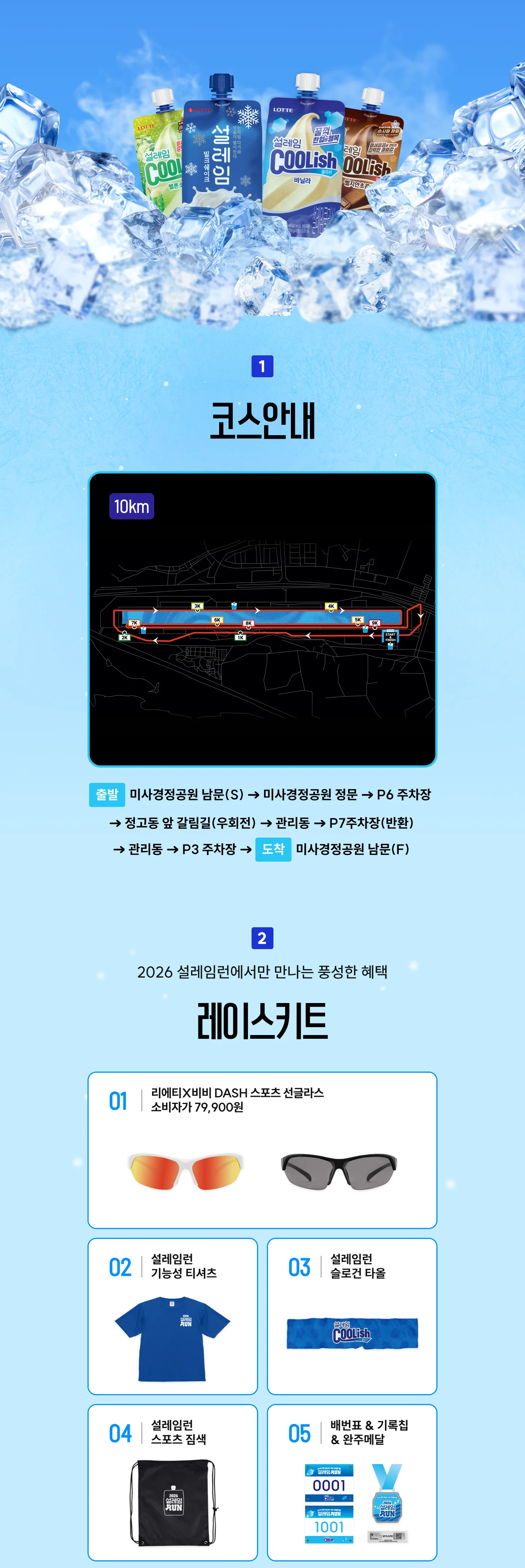 코스안내 10km — 미사경정공원 남문 출발, P6·P7·P3 주차장을 거쳐 미사경정공원 남문 도착. 레이스키트 구성 — 01 리에티X비비 DASH 스포츠 선글라스(소비자가 79,900원), 02 설레임런 기능성 티셔츠, 03 설레임런 슬로건 타올, 04 설레임런 스포츠 짐색, 05 배번표 & 기록칩 & 완주메달